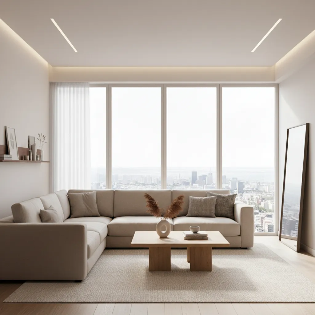 Minimalist living room featuring beige sofa wooden coffee table large windows city view and floor mirror