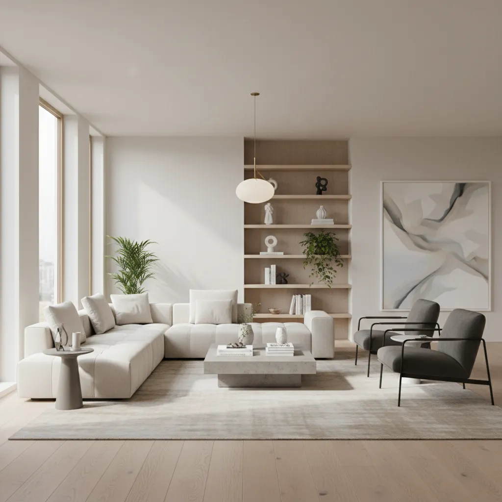 Modern living room interior design drawing with white sofa grey chairs and round ceiling light