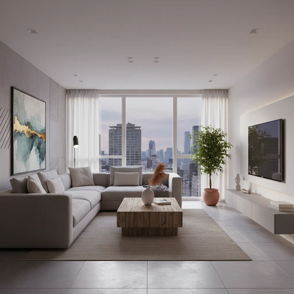 Render realista de salón moderno diseñado digitalmente