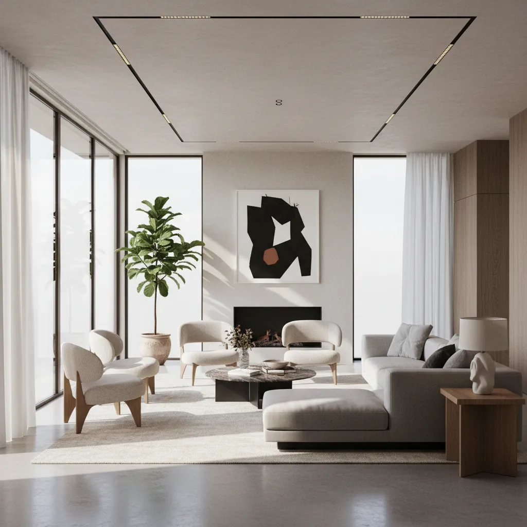 Render realista de un salón contemporáneo