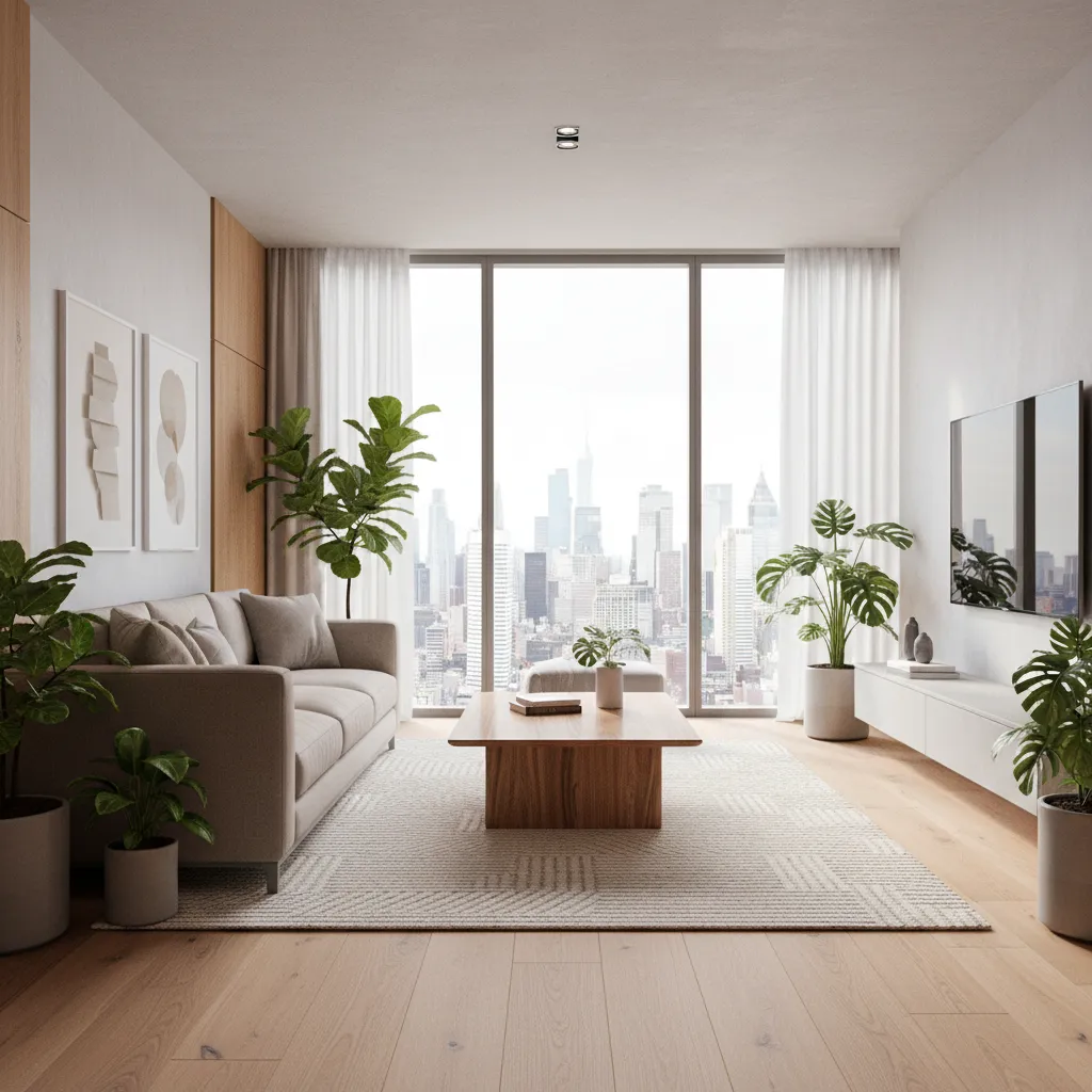 Render realista de sala de estar moderna generado con software de diseño interior