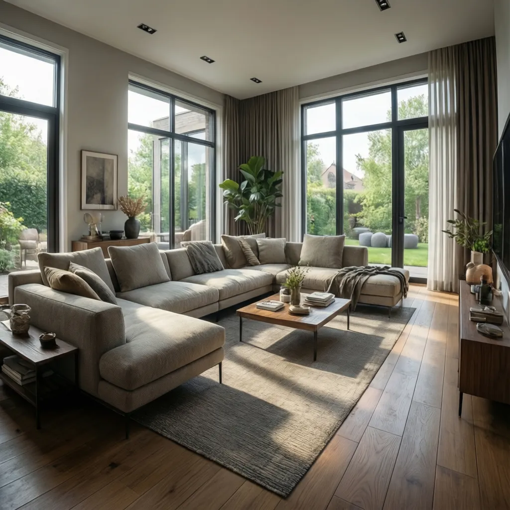 Render realista de un salón moderno generado digitalmente