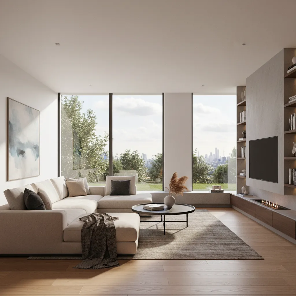 render realista de un salón moderno generado desde software de diseño