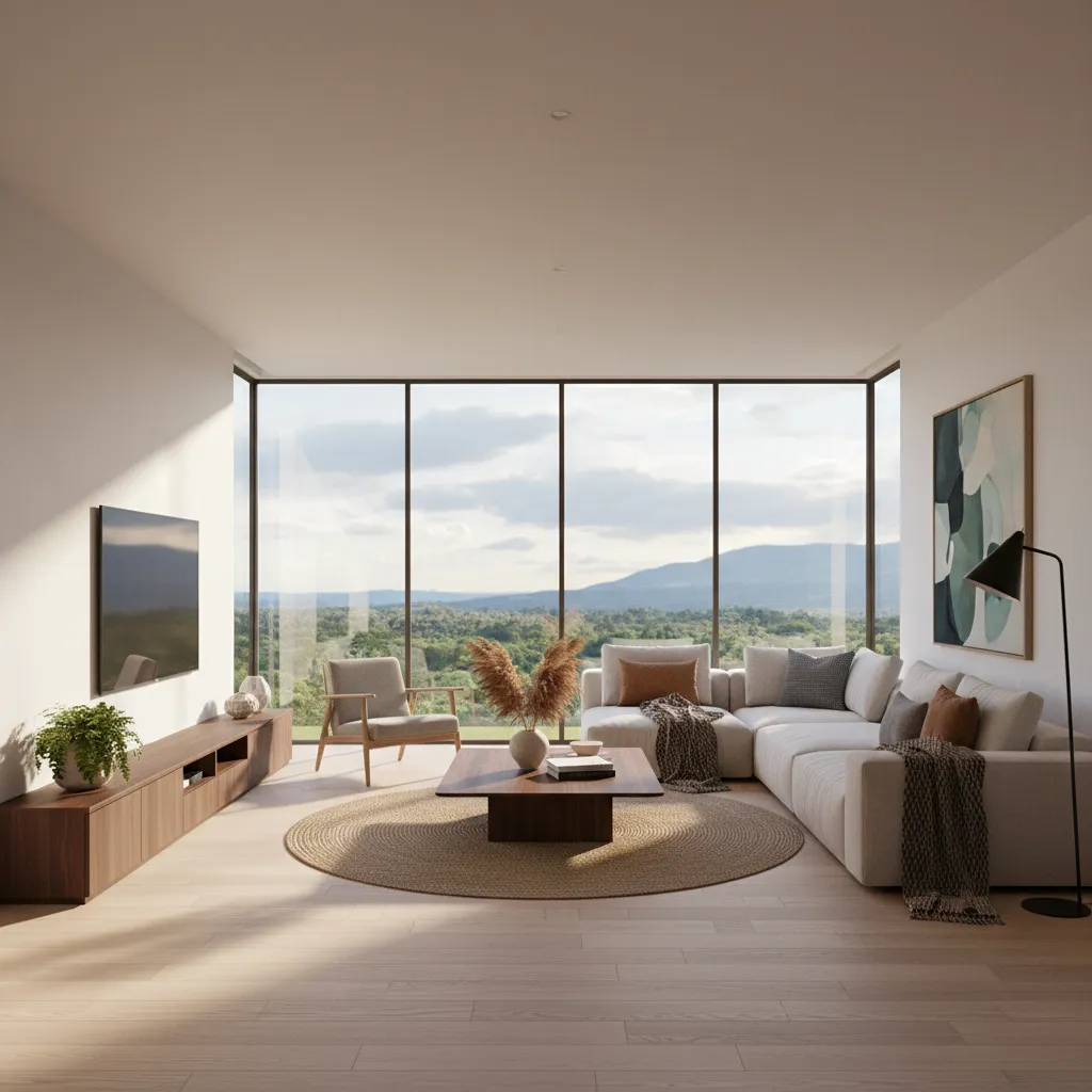 Render realista de sala moderna generado con software de diseño interior