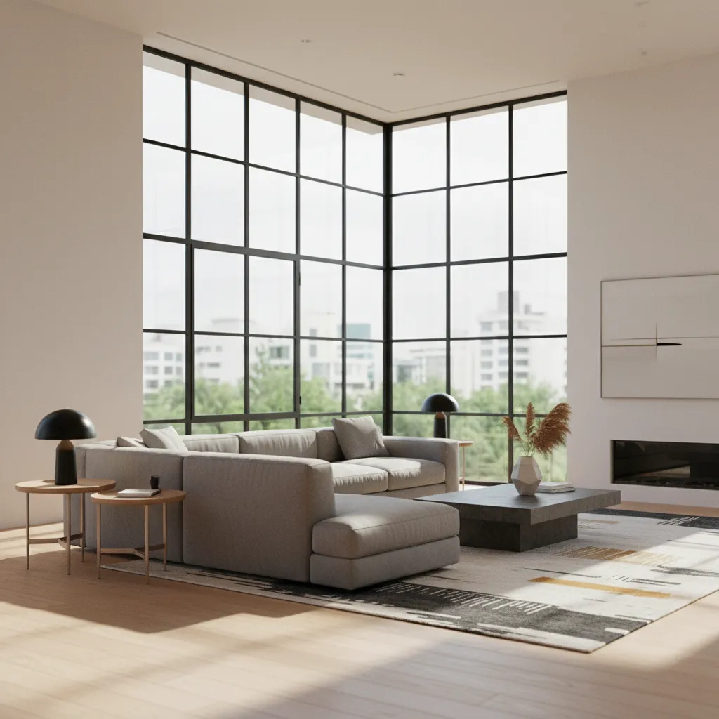 Modern living room with large windows grey sofa dark coffee table and light wood floor