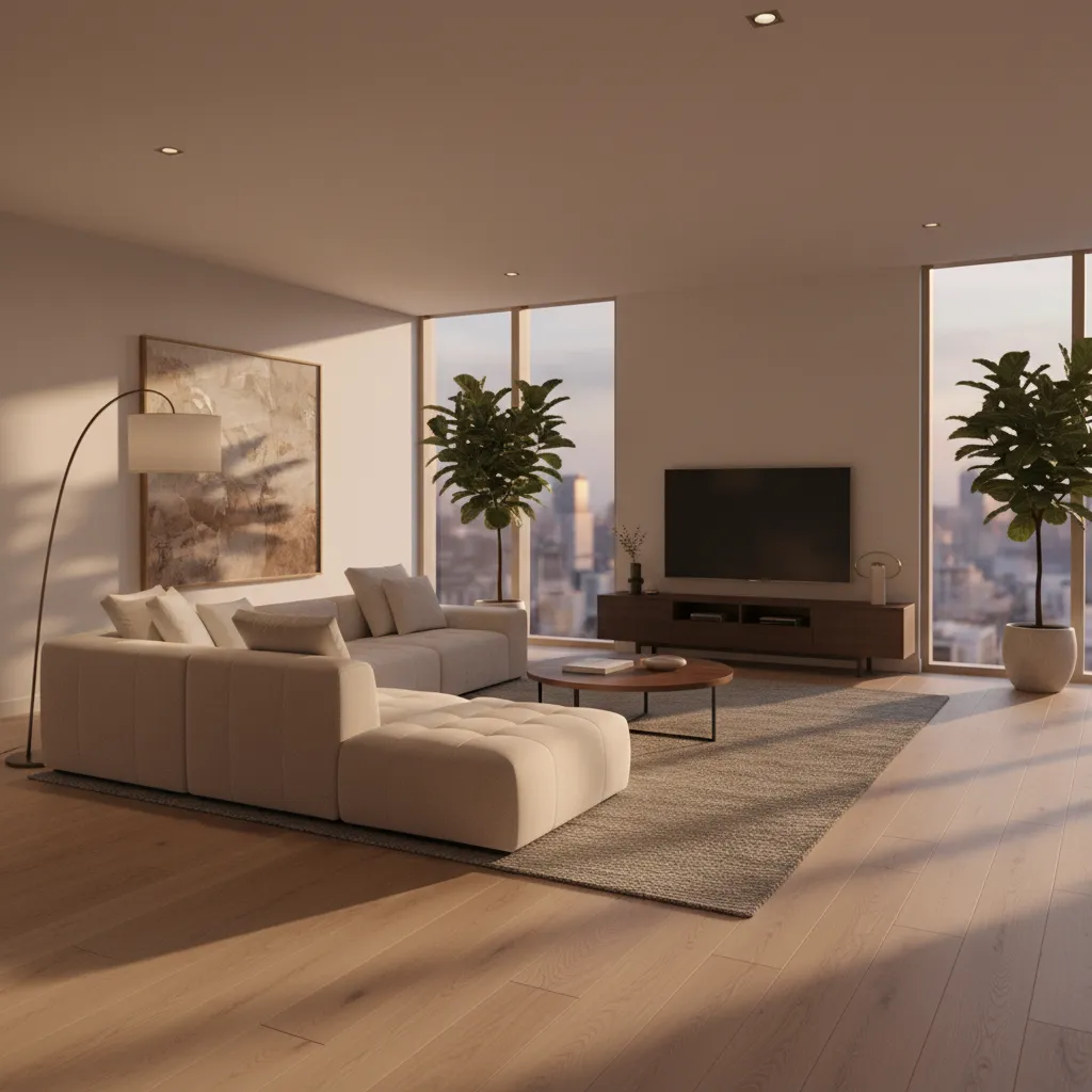 Render hiperrealista de una sala moderna generado digitalmente