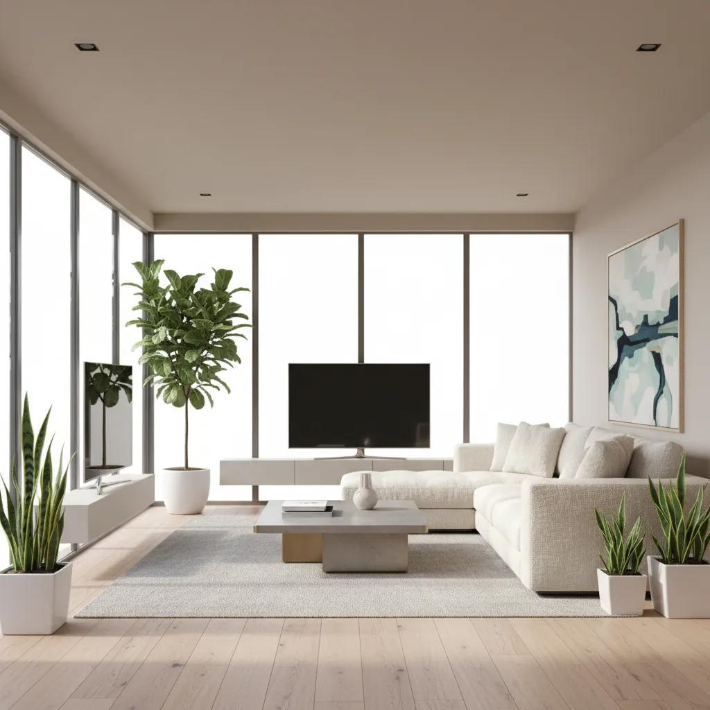 Render fotorrealista de sala moderna generado con software de diseño