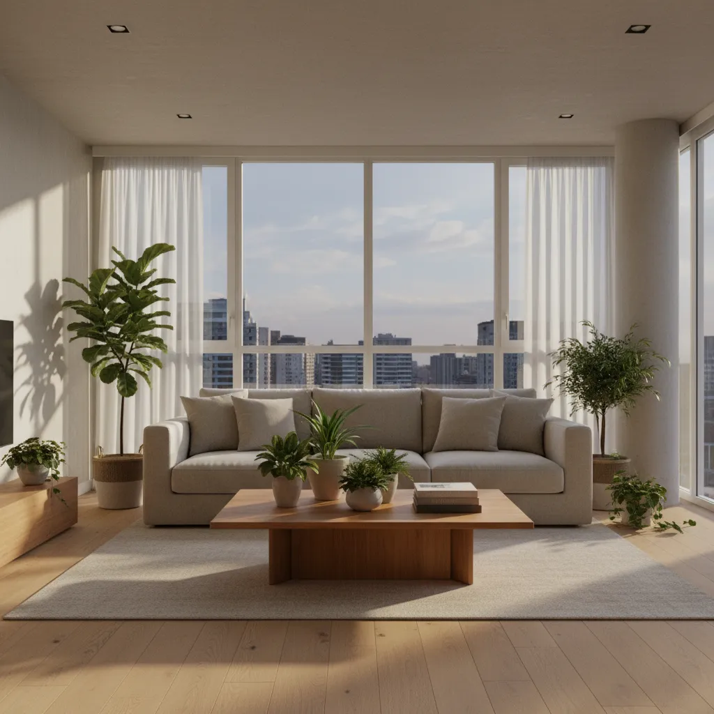 Modern living room with beige sofa, wooden coffee table, green plants, and city view windows