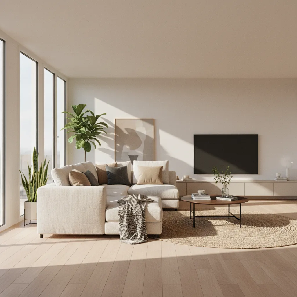 Render 3D realista de una sala moderna con iluminación natural
