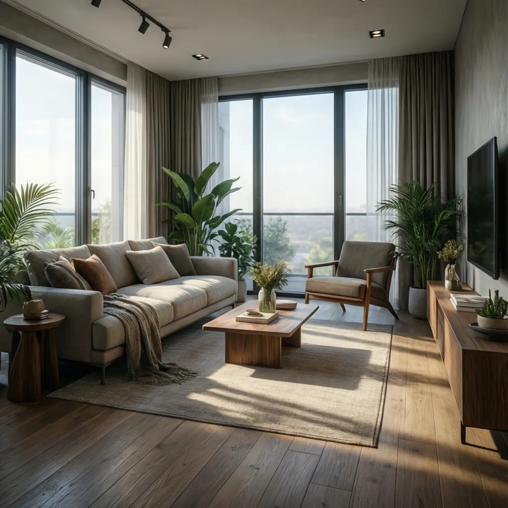 Render realista de un salón moderno generado por software de diseño