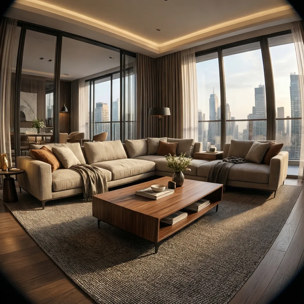 Luxury living room with large beige sofa, wooden coffee table, grey rug, and big windows
