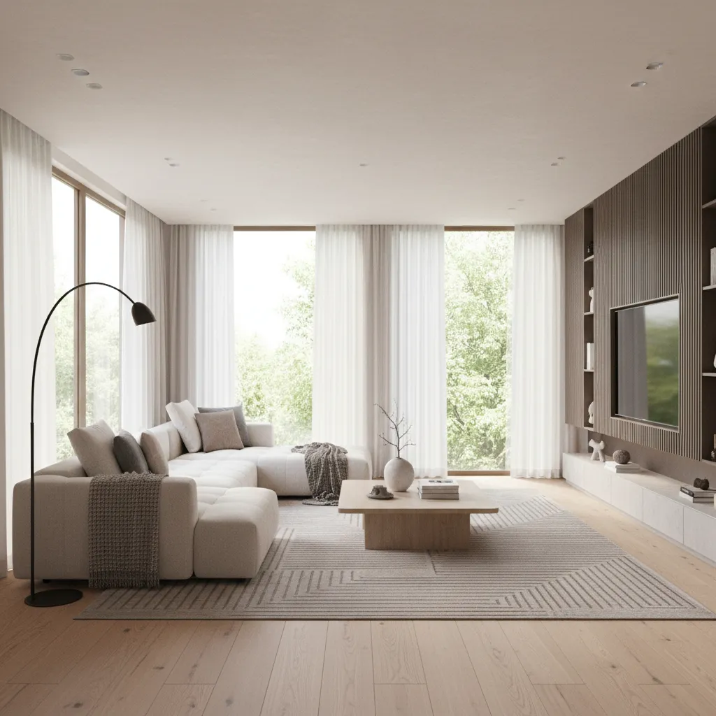 Render realista de un salón moderno generado con software 3D