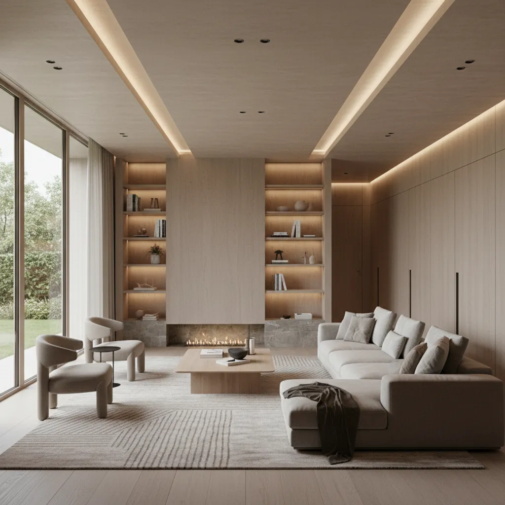 Render hiperrealista de salón moderno diseñado por un interiorista