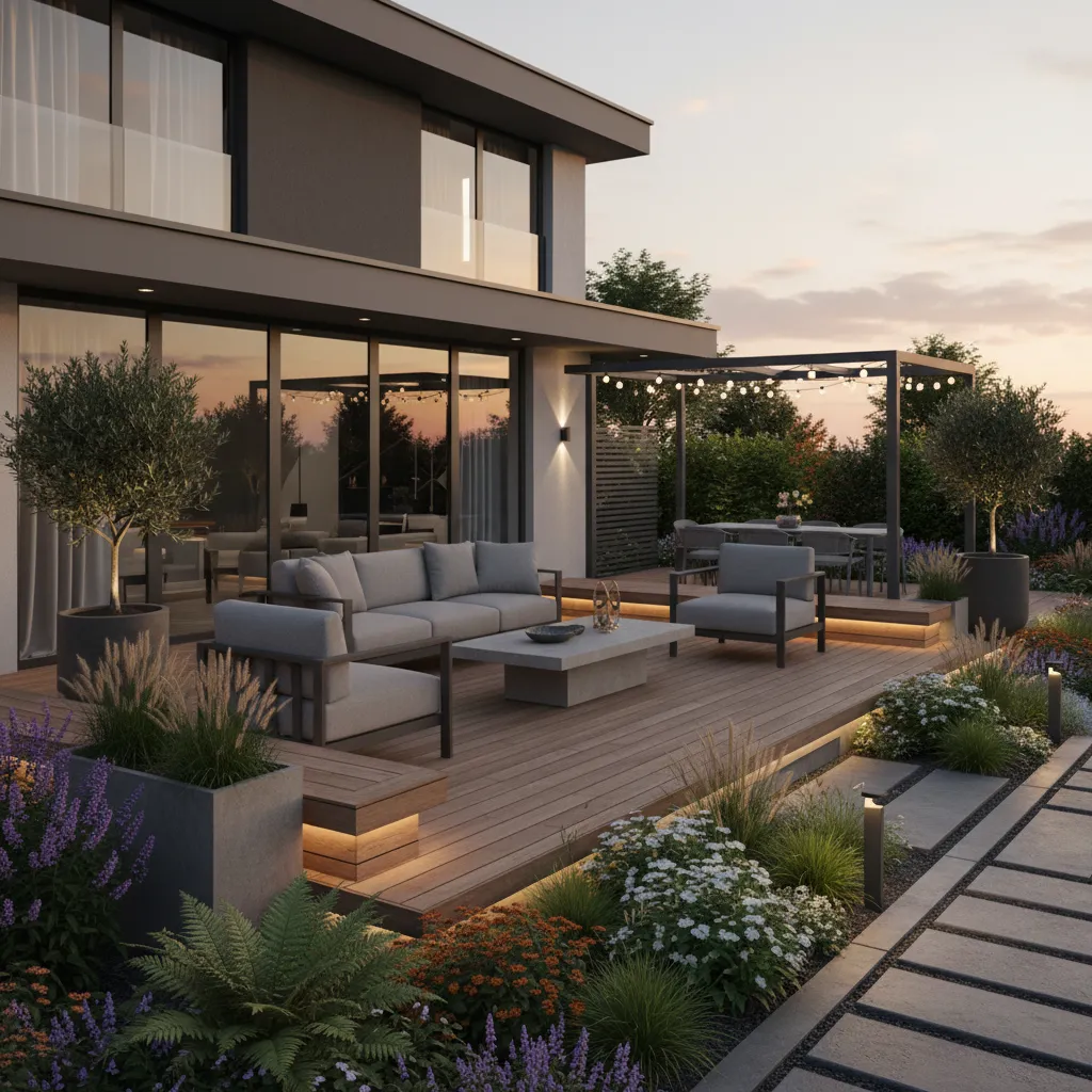 Modern backyard wood deck with grey sofa seating area at sunset with warm outdoor lighting