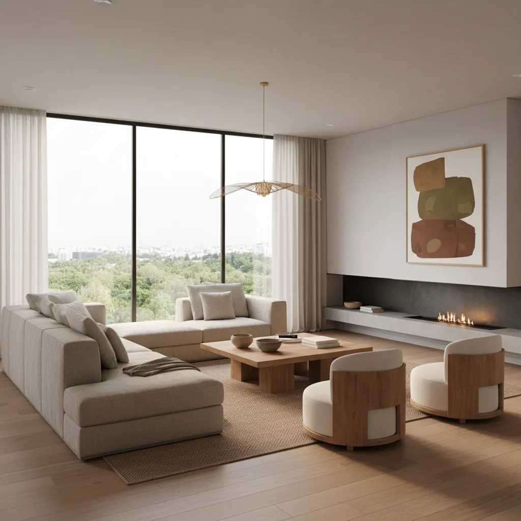 Render realista de salón moderno utilizado para presentar un proyecto de interiorismo