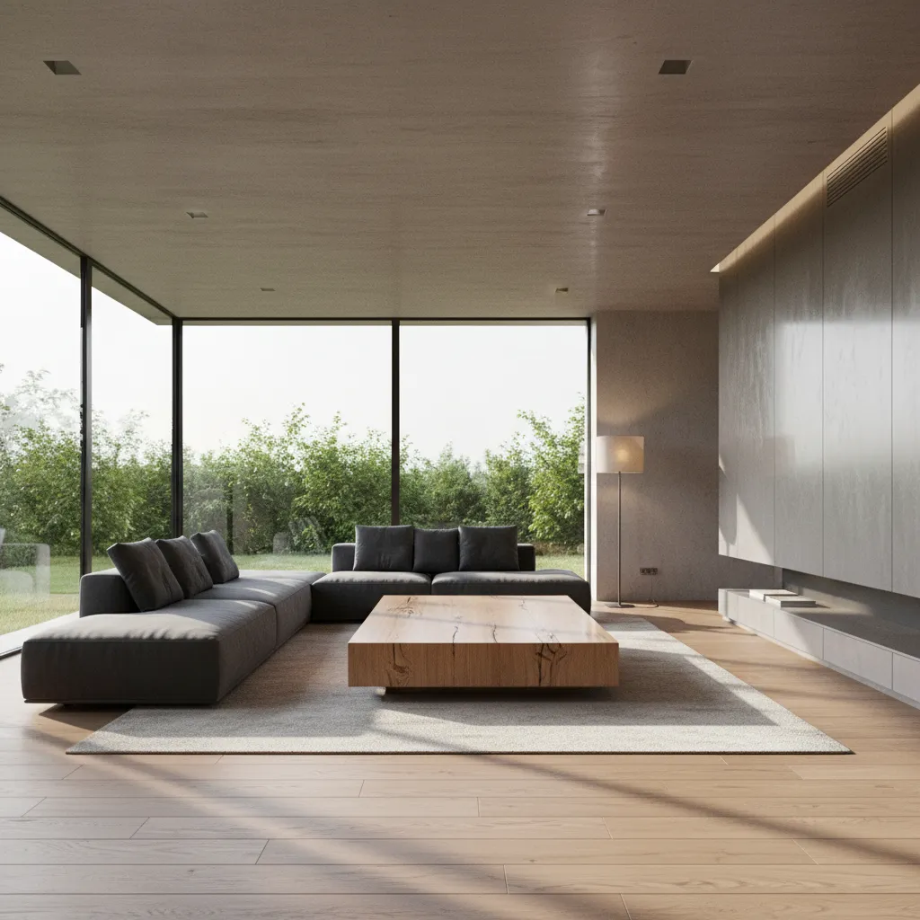 render 3D realista de salón moderno con iluminación natural