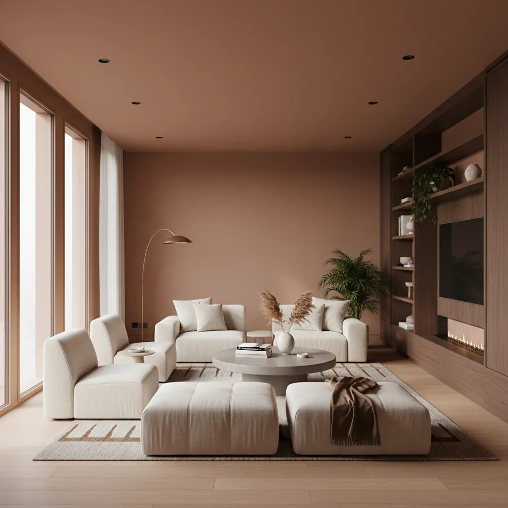 Living room with peach walls, white sofa, round coffee table, footrest, and wooden wall cabinet
