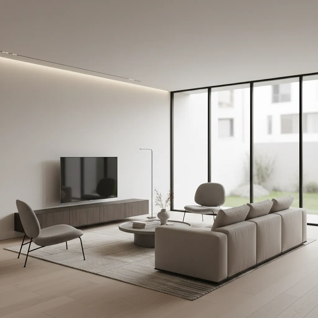 Render 3D realista de un salón contemporáneo