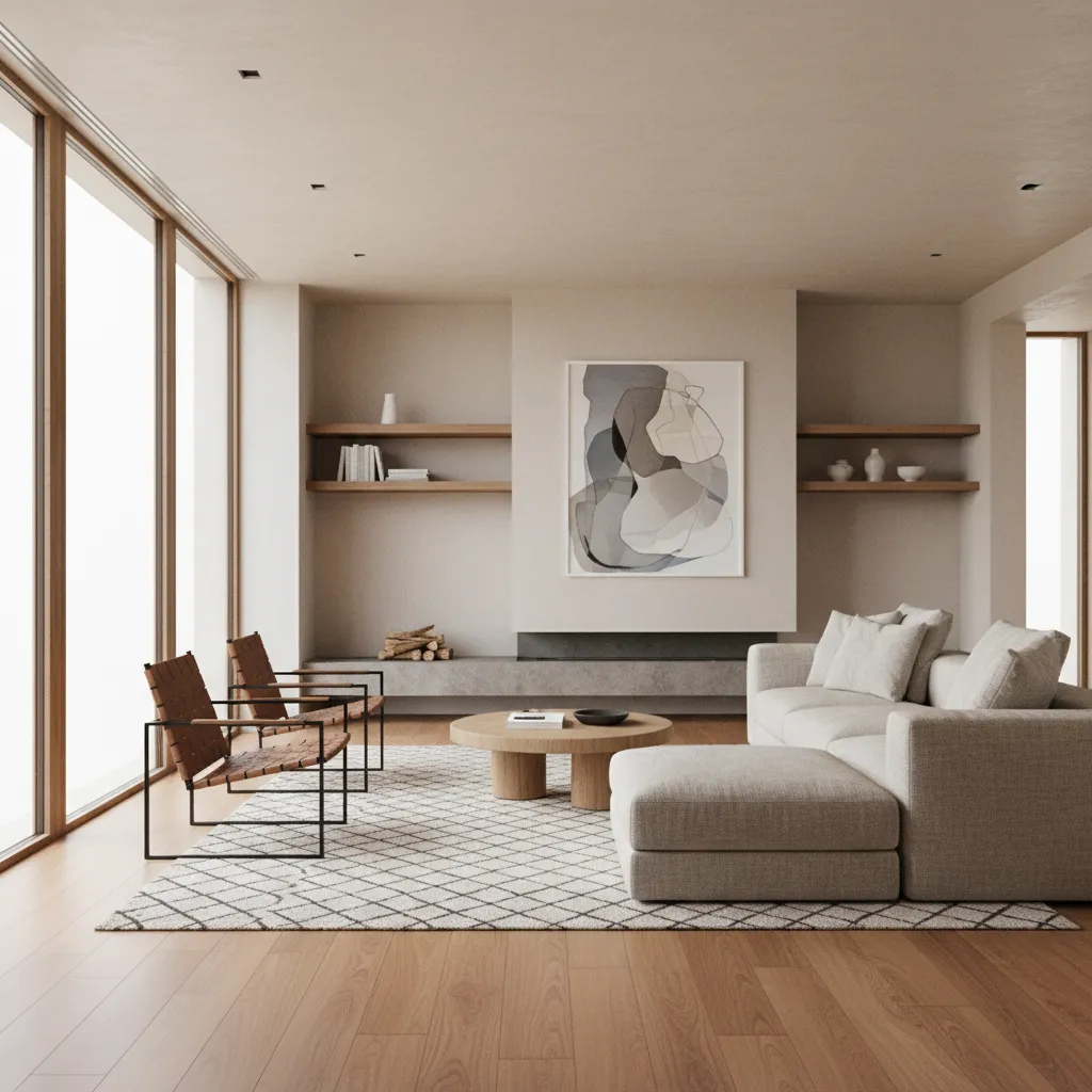 Renderizado 3D realista de un salón moderno con iluminación natural