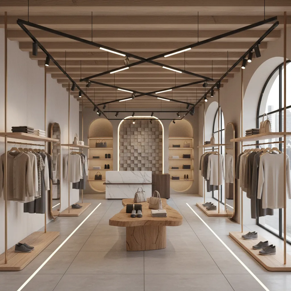 Render realista del interior de una tienda de ropa moderna