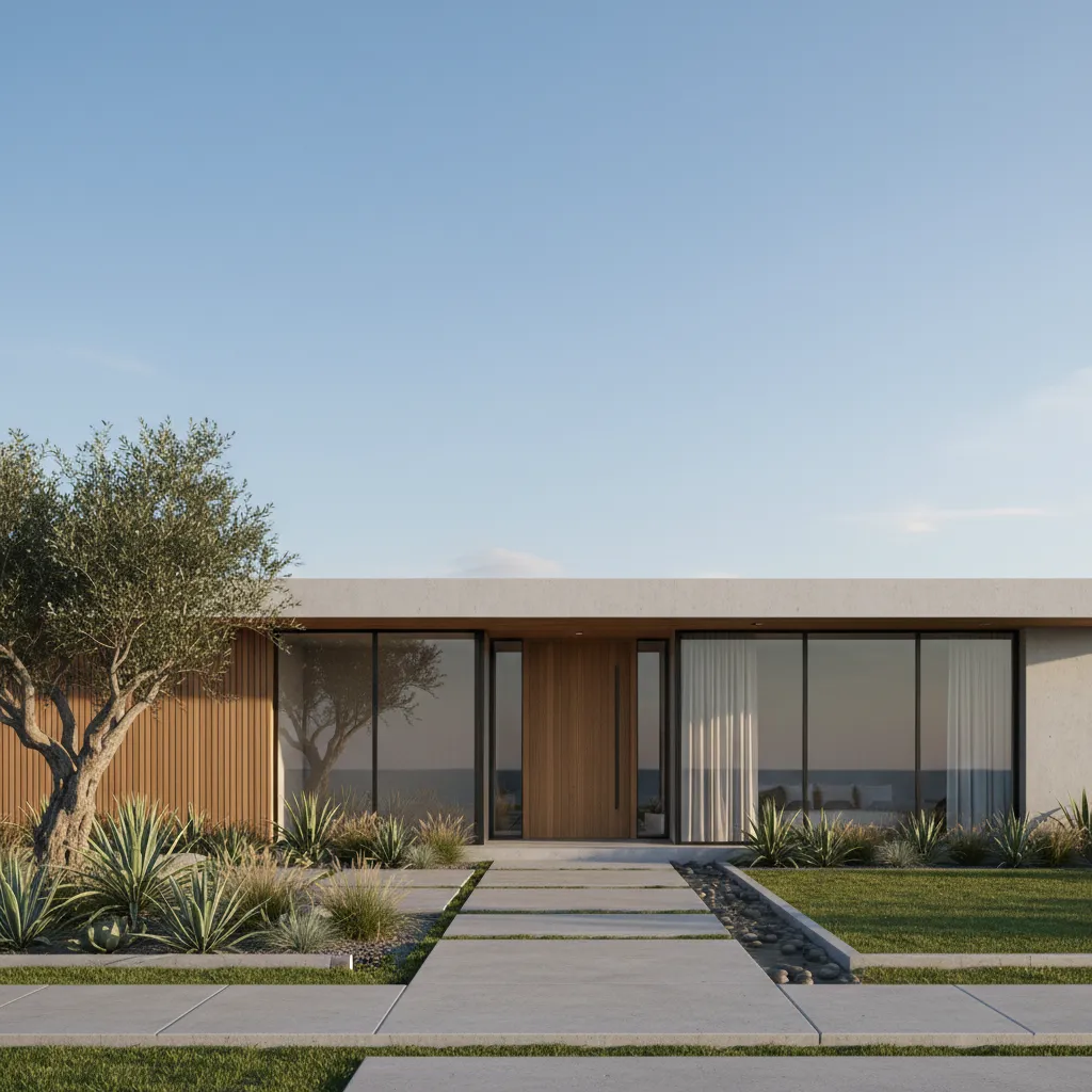 Render 3D rumah 1 lantai modern dengan halaman depan