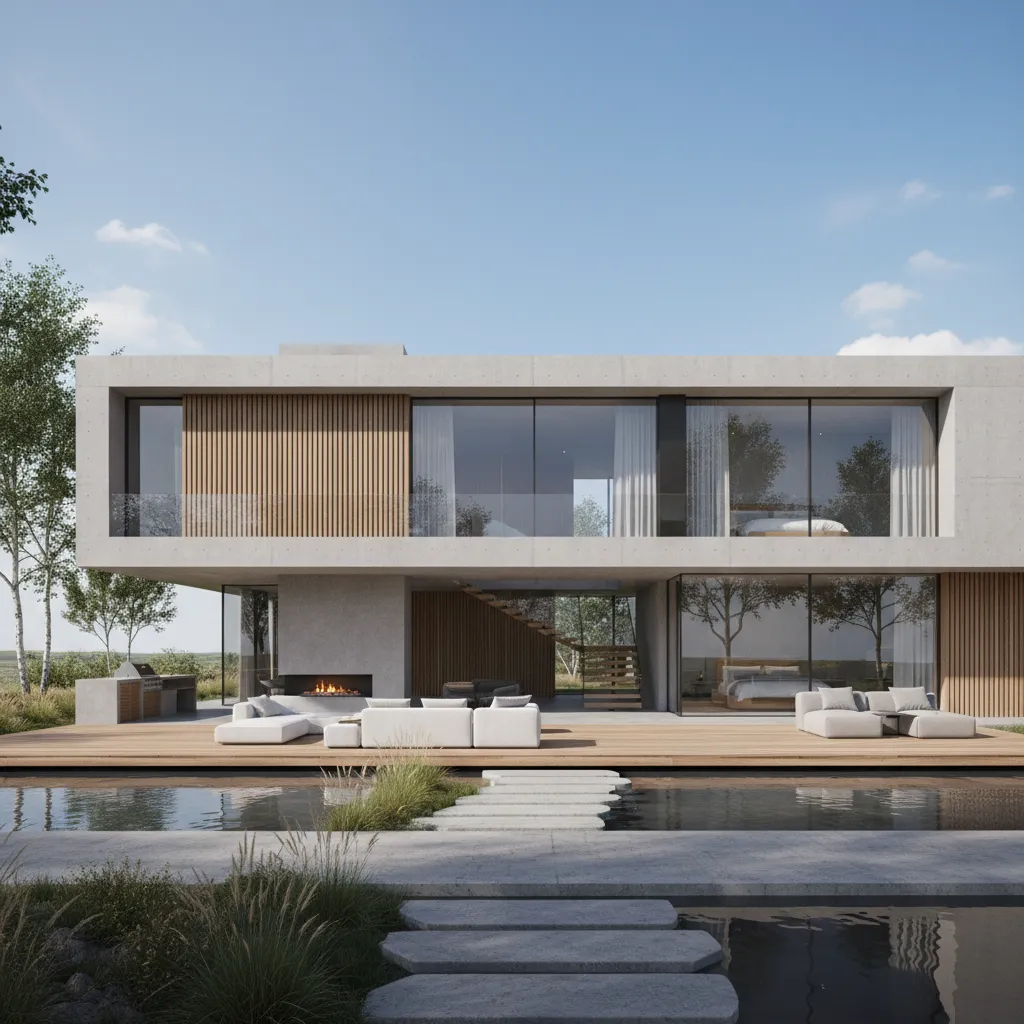 Modern house with concrete walls wood panels large windows swimming pool and outdoor garden furniture