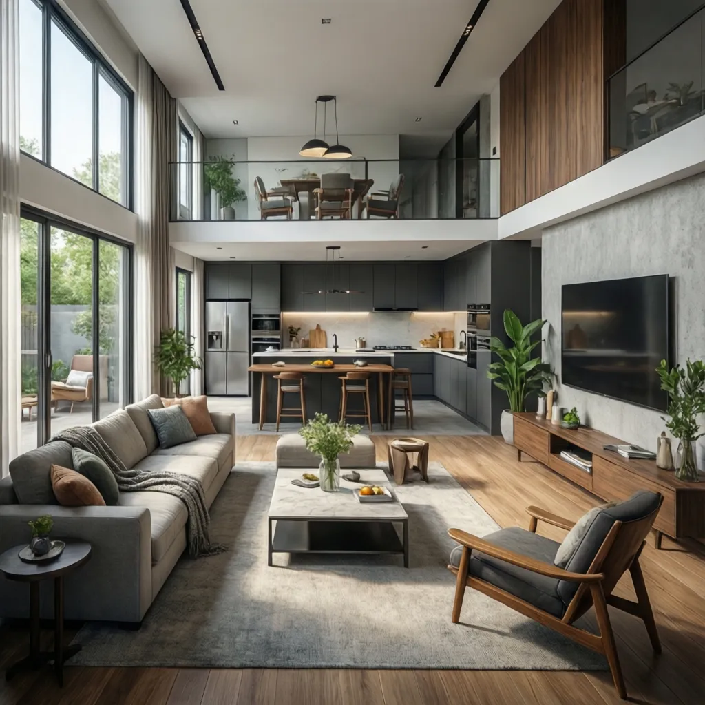 Render interior rumah realistis berdasarkan denah digital