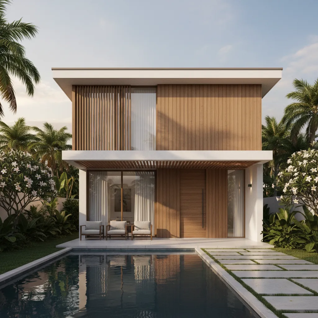Modern house exterior with wooden walls swimming pool stone path and tall green palm trees