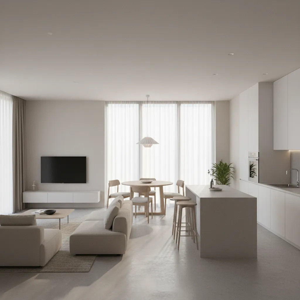 Modern open plan living area with beige sofa white kitchen island and wood dining table