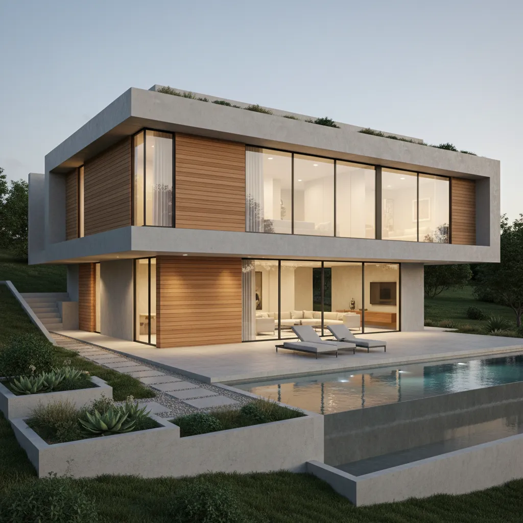 Visualisasi rumah dua lantai modern hasil render tiga dimensi