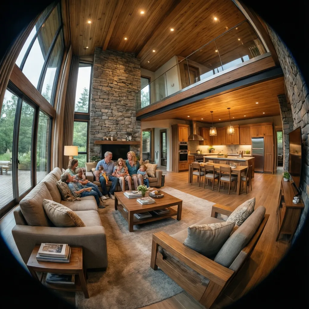 Large family sits in rustic living room with high ceiling stone wall and big windows
