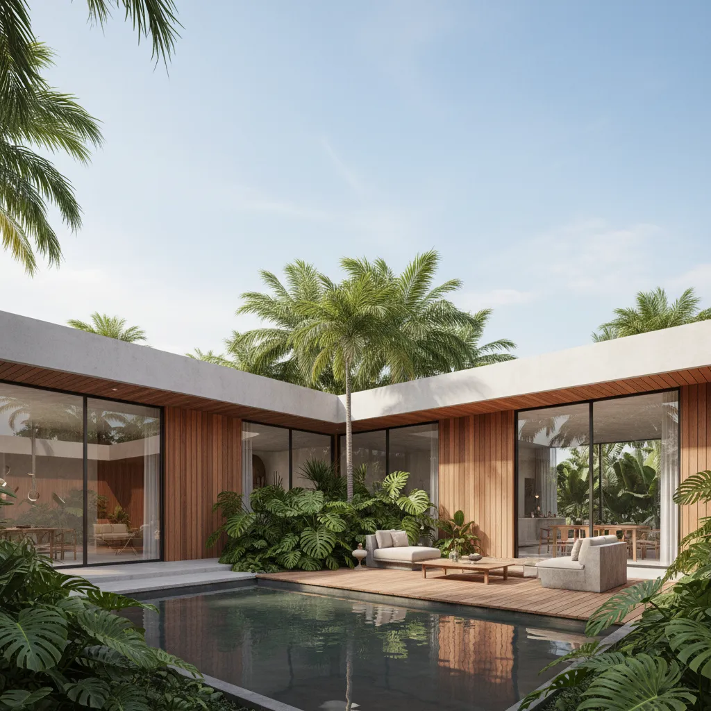 Visualisasi rumah modern berbentuk L dengan taman