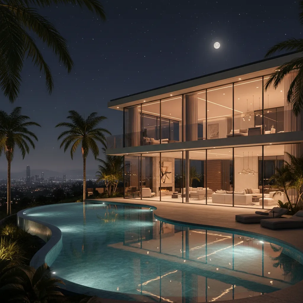 Luxury house at night with curved swimming pool palm trees city view and bright moon