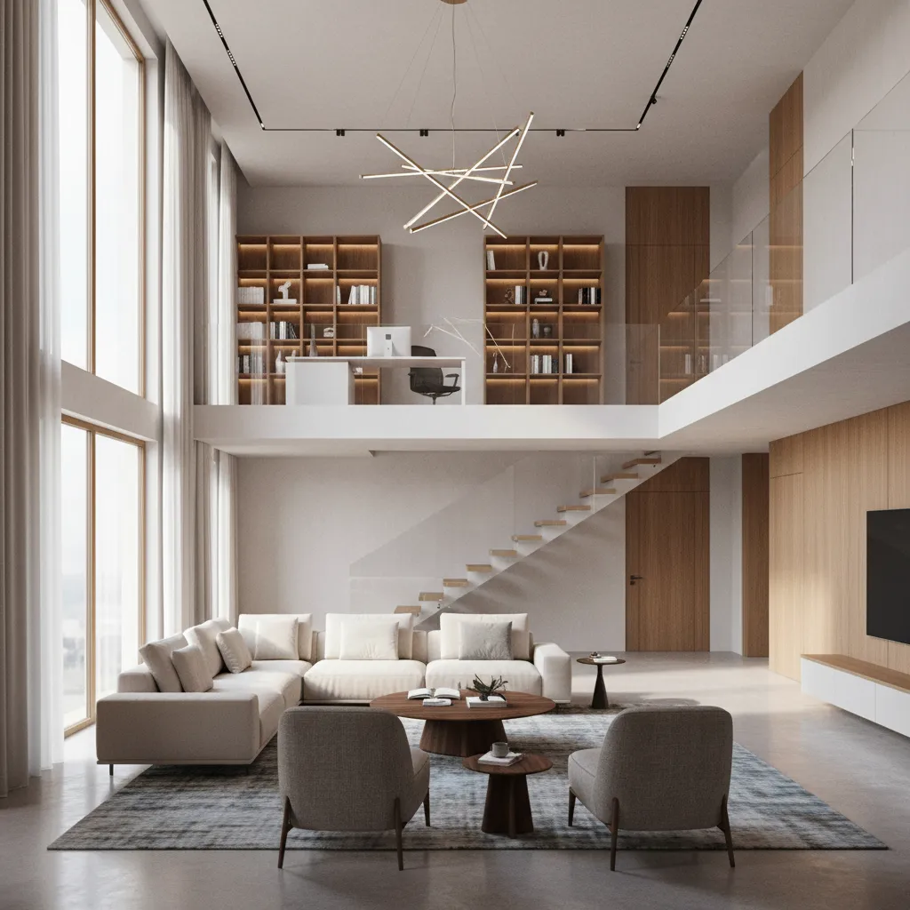 Minimalist white living room with large sofa ceiling light stairs and a home office area