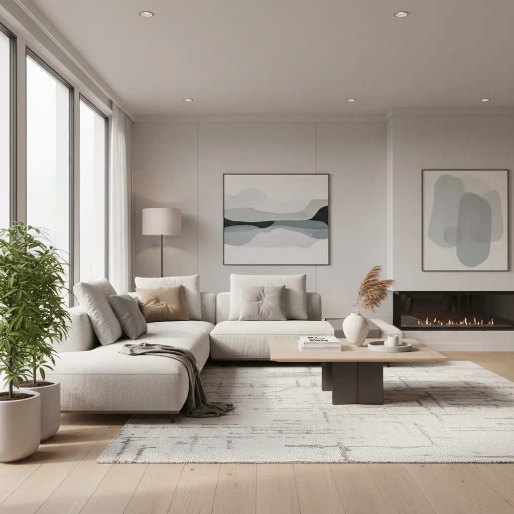 Modern living room with white sofa wooden floor large windows abstract art fireplace and rug