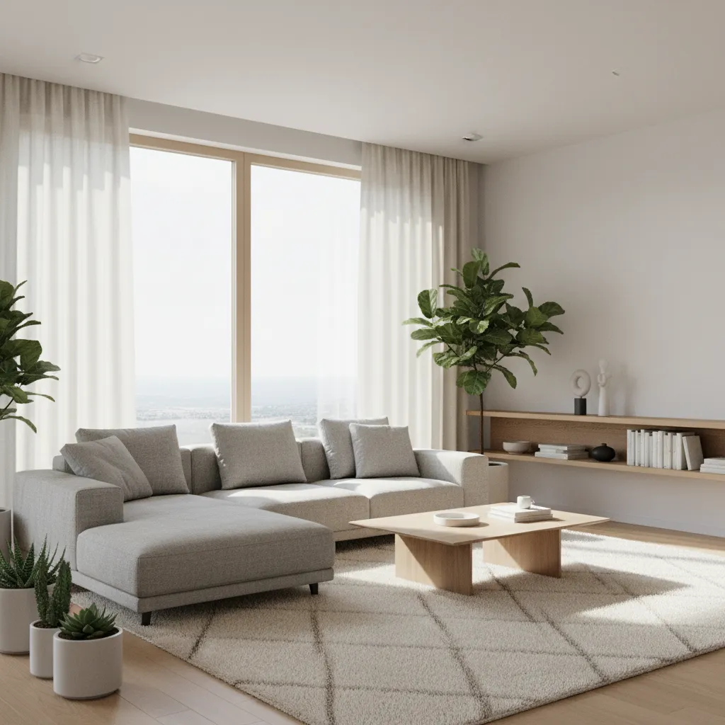 Bright modern living room with grey sofa wooden coffee table white curtain and green plants