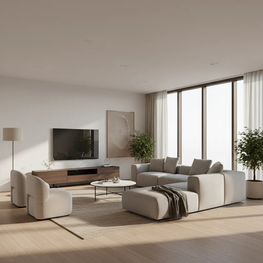 Render realista de salón moderno diseñado por interiorista