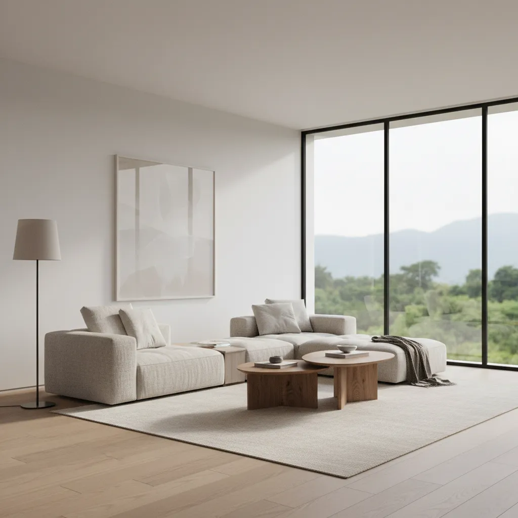 Modern living room interior design drawing with beige sofa floor lamp and large view window