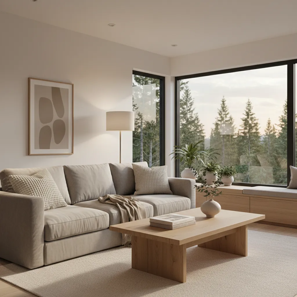 Modern living room with grey sofa wooden coffee table floor lamp and large scenic forest window