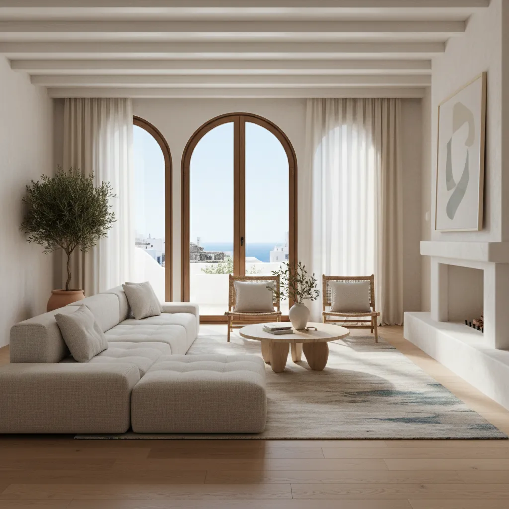 Render realista de salón moderno con sofá grande y terraza