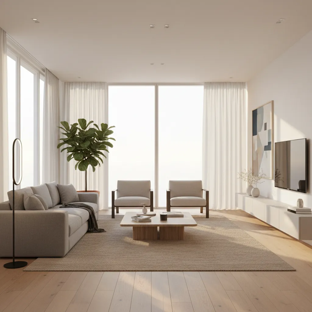 Render 3D de salón moderno con iluminación natural y mobiliario contemporáneo