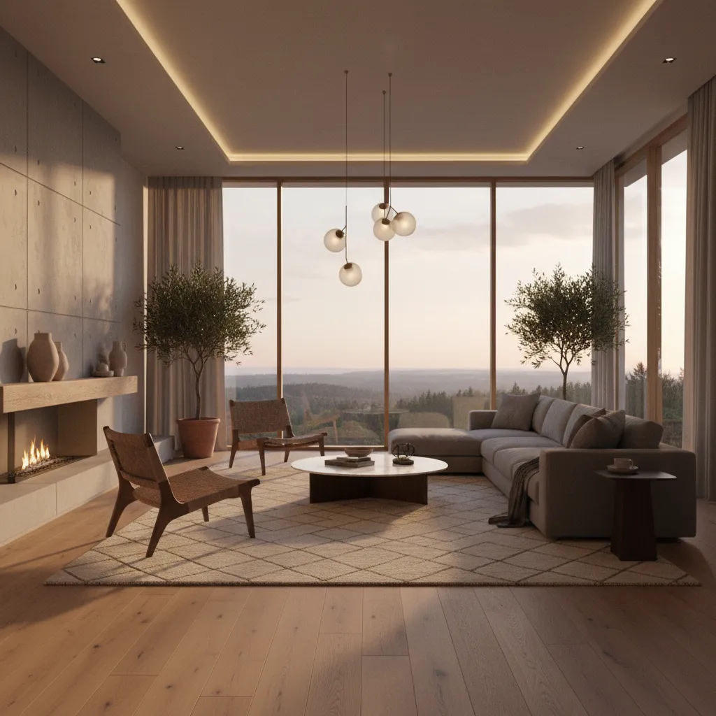 Render realista de salón moderno diseñado digitalmente