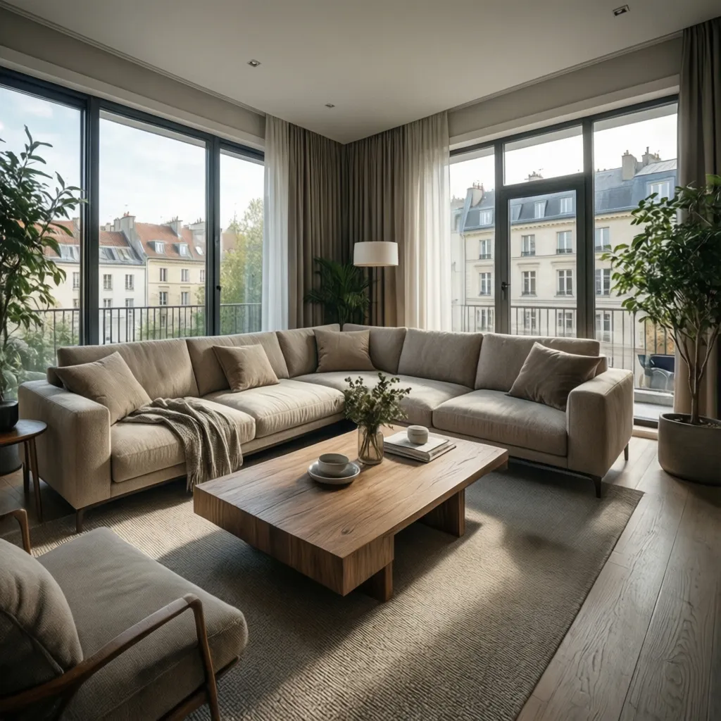 Render de salón moderno diseñado por interiorista