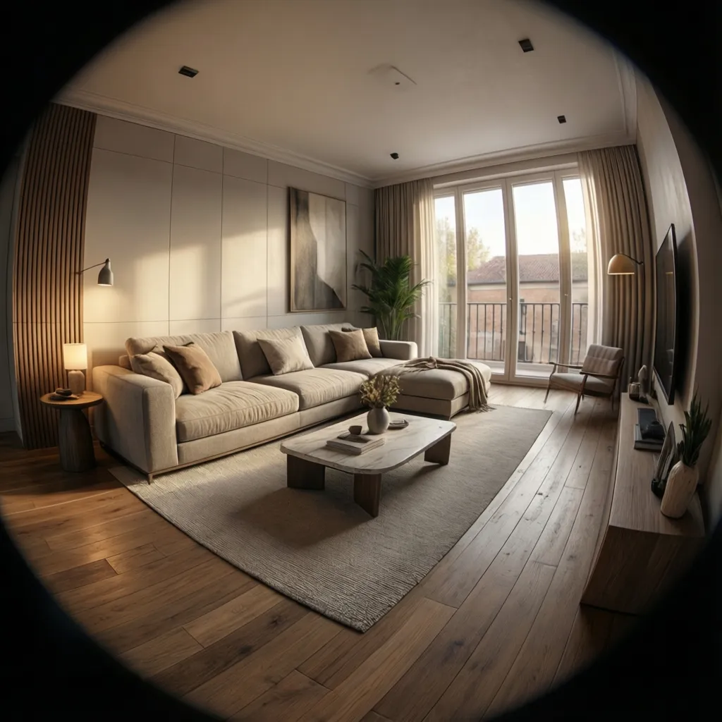 Interior design drawing of a modern living room with beige sofa, wooden floor, and windows