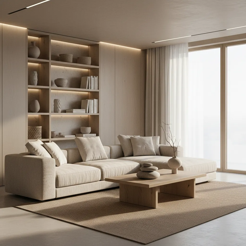 Render realista de un salón moderno con sofá, iluminación y decoración equilibrada