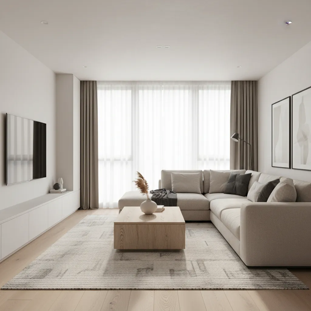 Modern living room with beige sofa wooden coffee table white cabinet and grey rug curtains