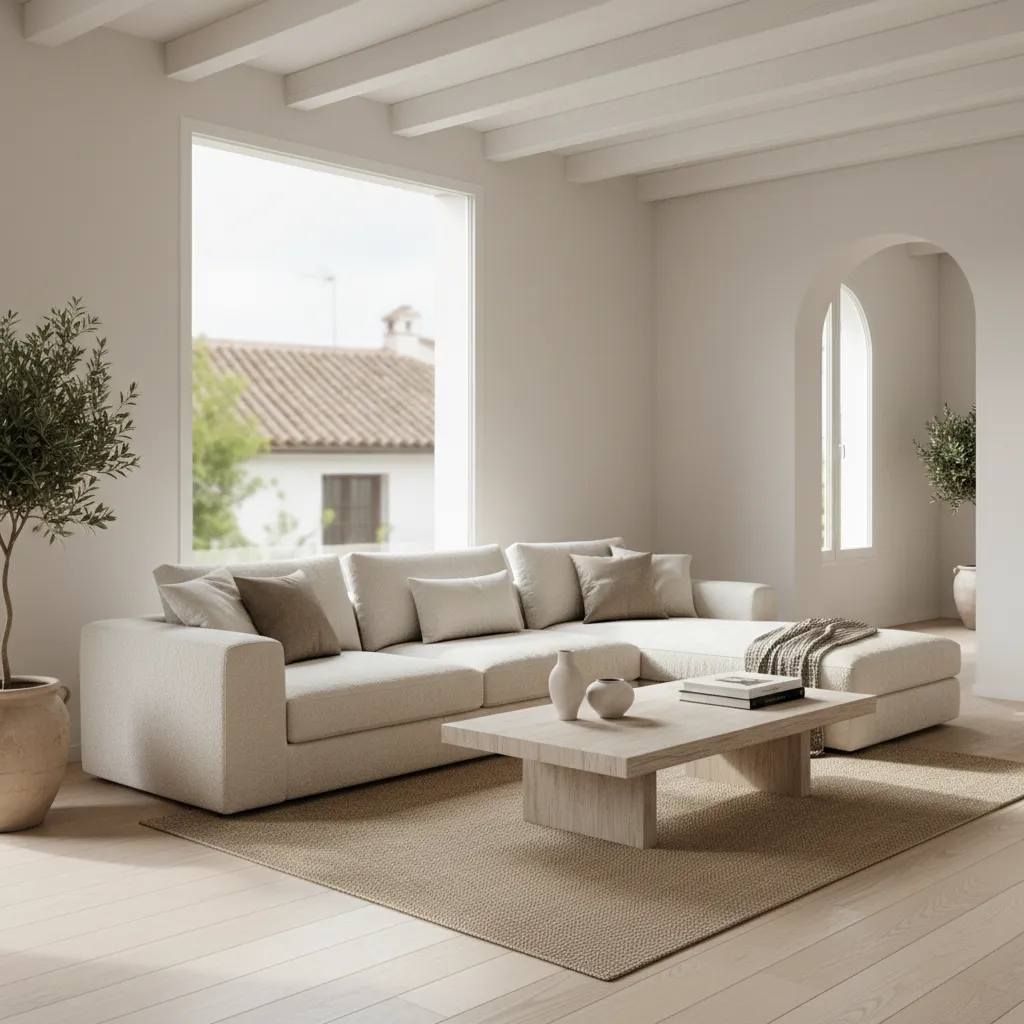 Minimalist living room with cream sofa wooden coffee table large window and a potted plant