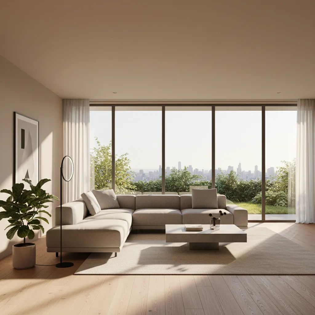 Render realista de salón moderno generado con programa de diseño interior