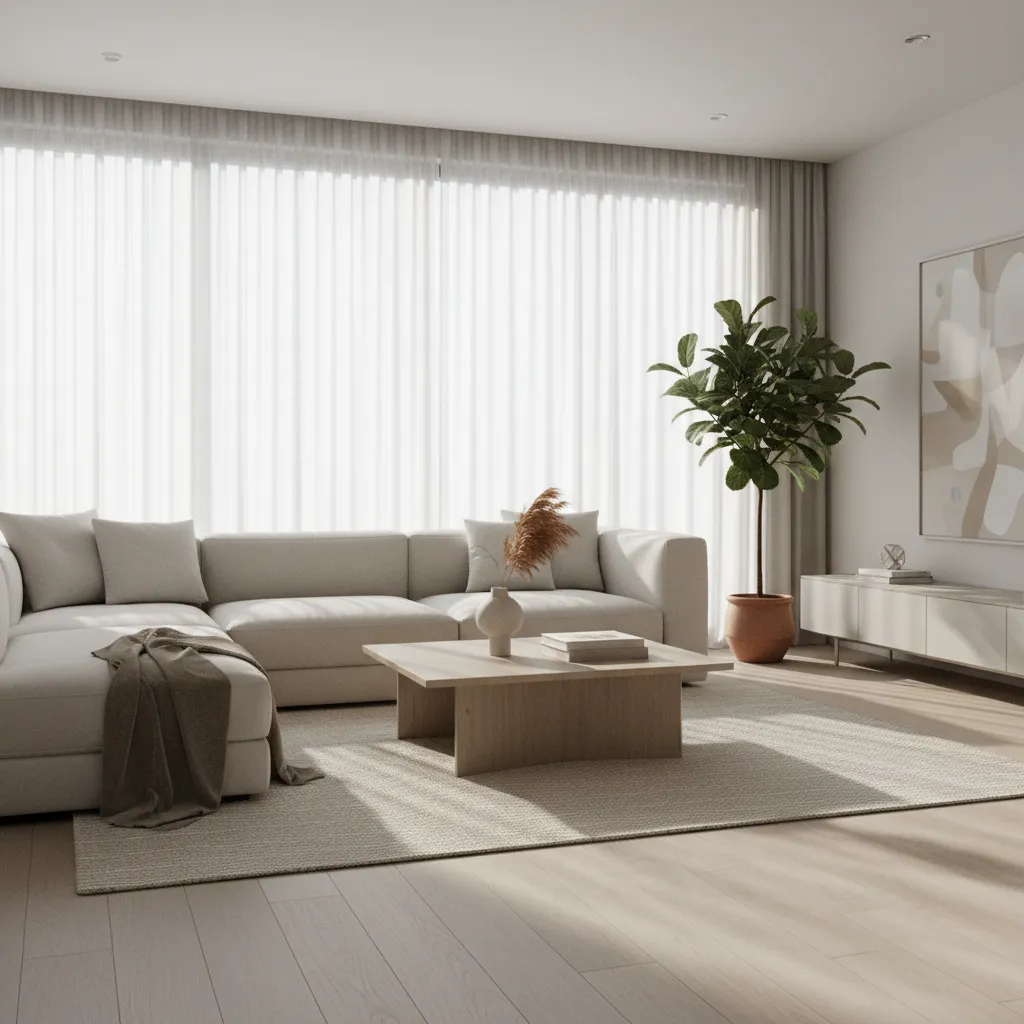 Modern bright living room with beige sofa wooden coffee table green plant and white curtains
