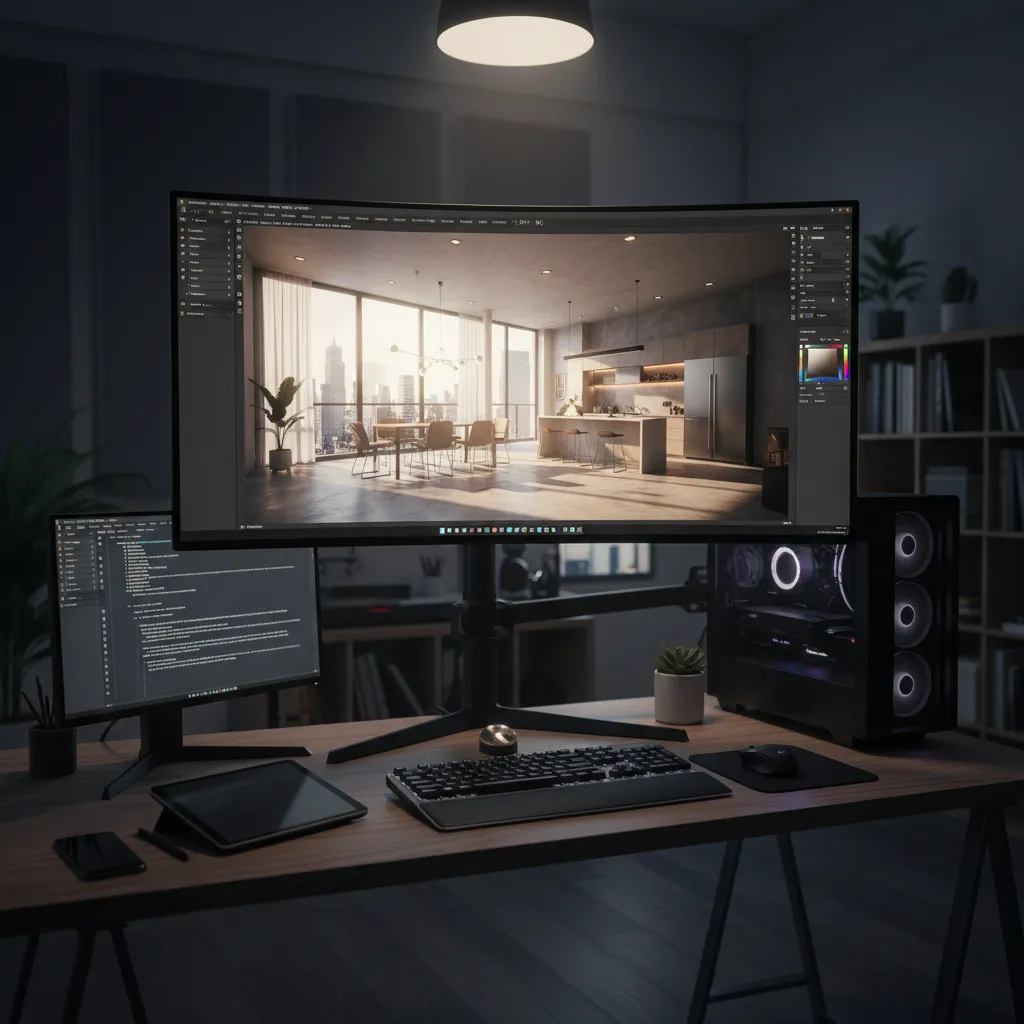 Desktop setup with two monitors showing interior design drawing code keyboard and glowing computer tower